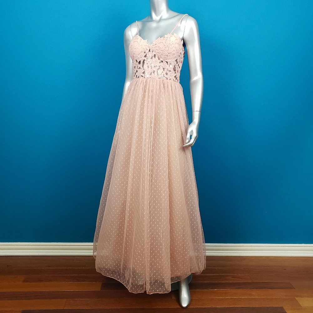 🆕️ 🎬 CLUB L LONDON Polka Dot Tulle Lace Blush Pink Gown // (NWT)